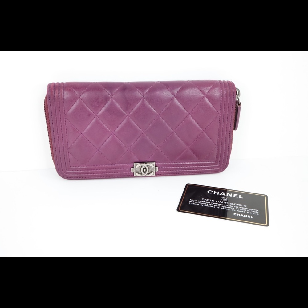 Authentic Chanel  Quilted Boy L Gusset Zip Wallet Clutch Purple Lambskin